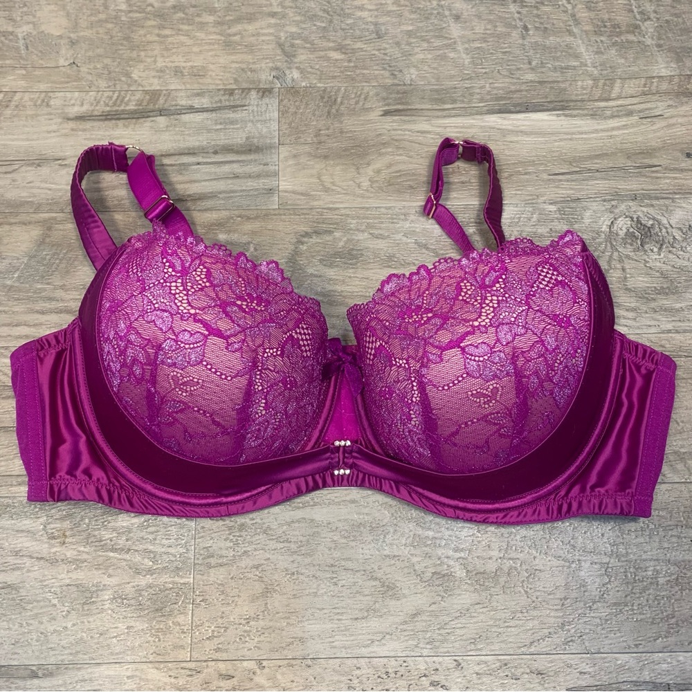 City Chic Lace Satin Metallic Bow Rhinestone Balconete Bra